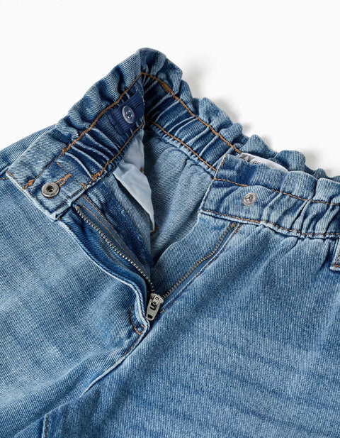Cotton Jeans with Paperbag Waist and Folded Hems for Girls, Blue