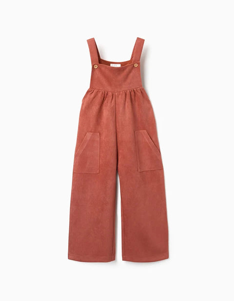 Wide Leg Interlock Knit Dungarees with Pockets for Girls, Terracotta