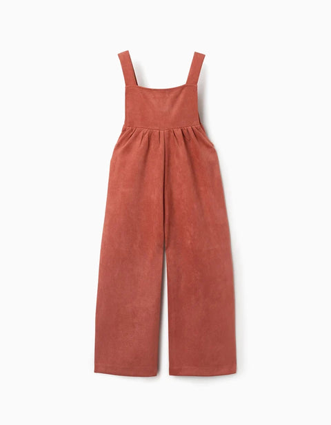 Wide Leg Interlock Knit Dungarees with Pockets for Girls, Terracotta