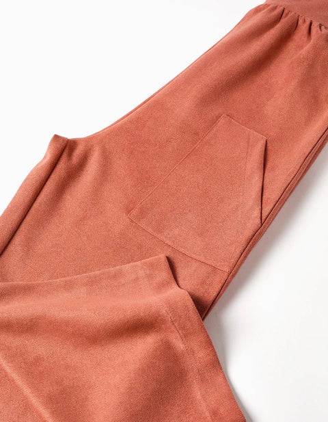 Wide Leg Interlock Knit Dungarees with Pockets for Girls, Terracotta
