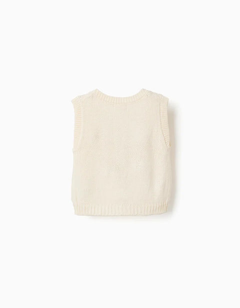 Knitted Vest with Floral Embroidery for Baby Girls, White