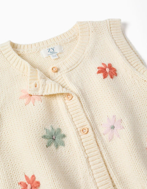 Knitted Vest with Floral Embroidery for Baby Girls, White