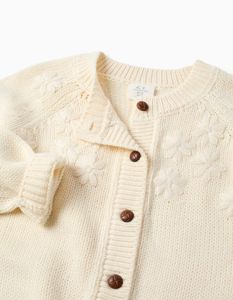 Knitted Cardigan with Embroidered Flowers for Girls, White
