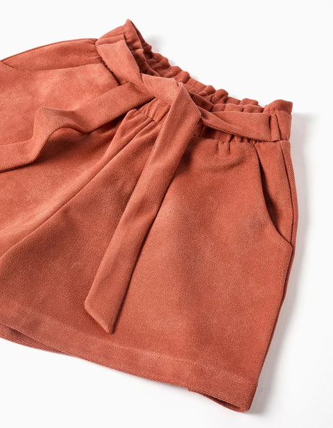 Interlock Knit Shorts with Built-in Belt for Girls, Terracotta