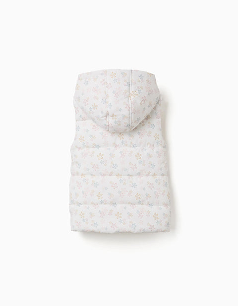 Hooded Puffer Vest with Floral Pattern for Girls, White