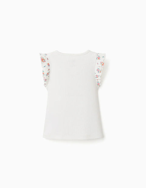 Ribbed Cotton T-Shirt with Ruffled Sleeves for Baby Girls, Light Beige