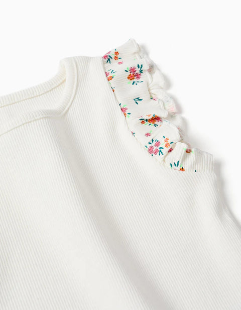 Ribbed Cotton T-Shirt with Ruffled Sleeves for Baby Girls, Light Beige
