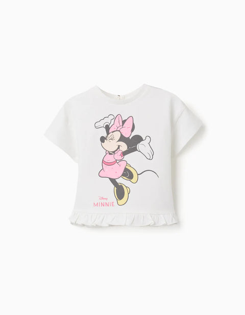 Cotton T-Shirt with Minnie Print and Ruffles for Baby Girls, White