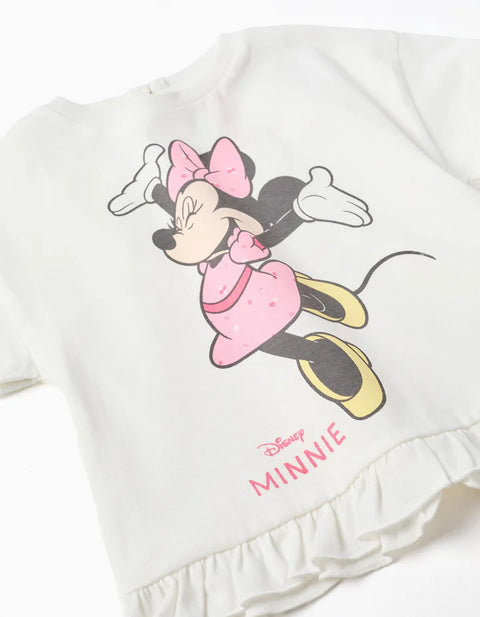 Cotton T-Shirt with Minnie Print and Ruffles for Baby Girls, White