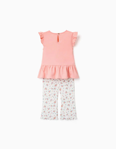 Cotton T-Shirt and Ribbed Trousers for Baby Girls, Salmon/Beige