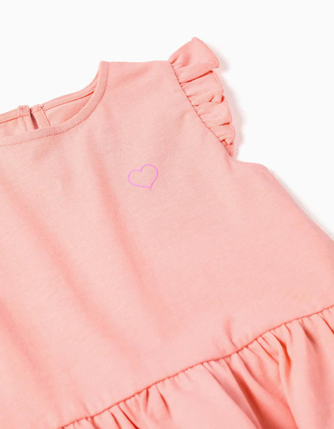 Cotton T-Shirt and Ribbed Trousers for Baby Girls, Salmon/Beige