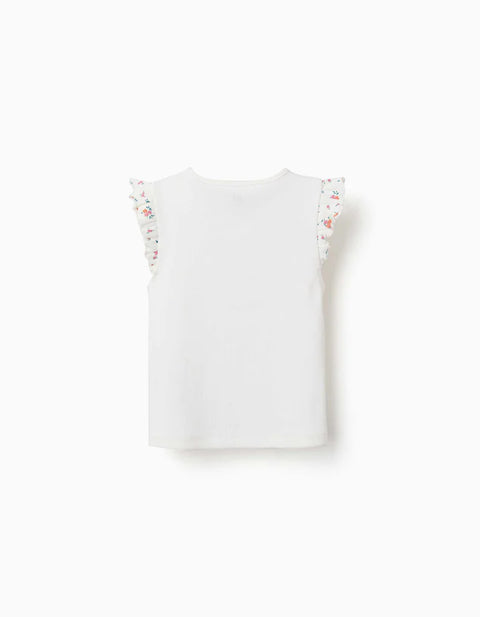 Ribbed Cotton T-Shirt with Ruffled Sleeves for Girls, Light Beige