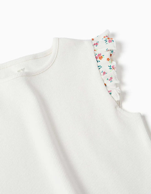 Ribbed Cotton T-Shirt with Ruffled Sleeves for Girls, Light Beige