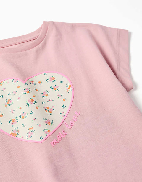 Cotton T-Shirt with Floral Heart Print for Girls, Pink