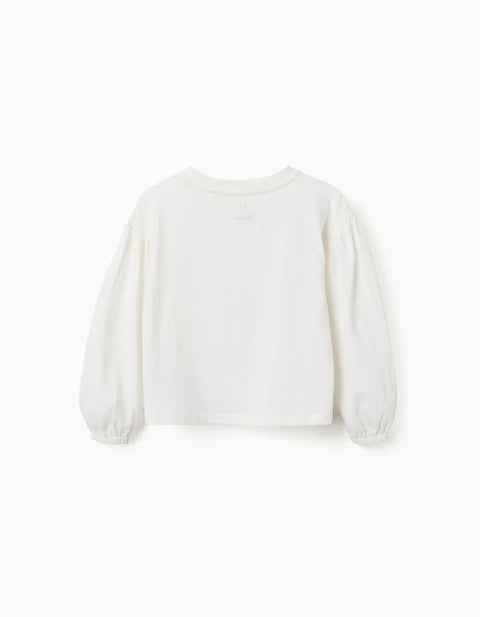 Long Sleeve T-Shirt with Balloon Sleeves and Print for Girls, White