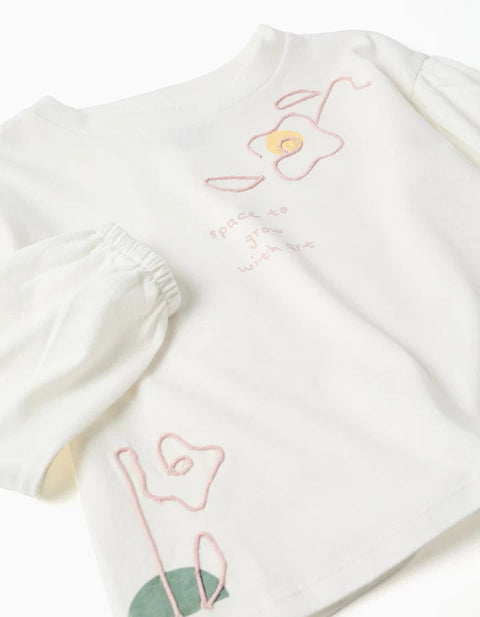 Long Sleeve T-Shirt with Balloon Sleeves and Print for Girls, White