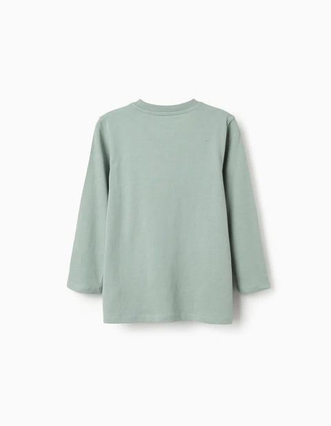 Long Sleeve Cotton T-Shirt with Shapes Print for Boys, Light Green