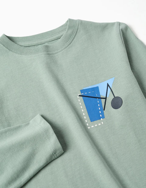 Long Sleeve Cotton T-Shirt with Shapes Print for Boys, Light Green