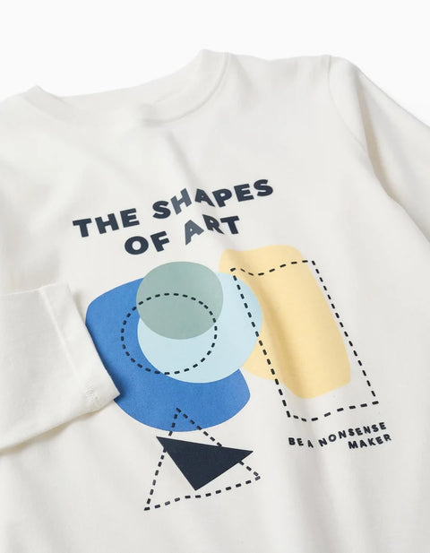 Long Sleeve Cotton T-Shirt with Shapes Print for Boys, White