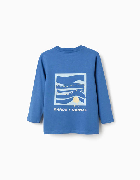 Long Sleeve Cotton T-Shirt with Making Art Print for Boys, Blue