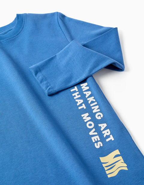 Long Sleeve Cotton T-Shirt with Making Art Print for Boys, Blue