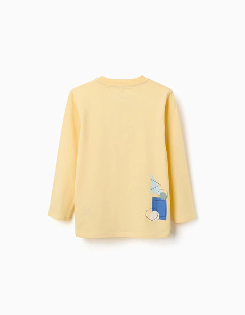 Long Sleeve Cotton T-Shirt with Making Art Print for Boys, Yellow