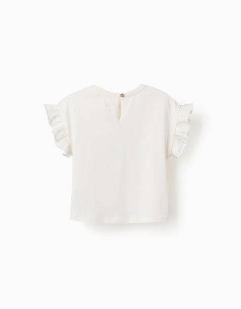 Cotton T-Shirt with Stitch Print and Ruffles for Baby Girls, Light Beige
