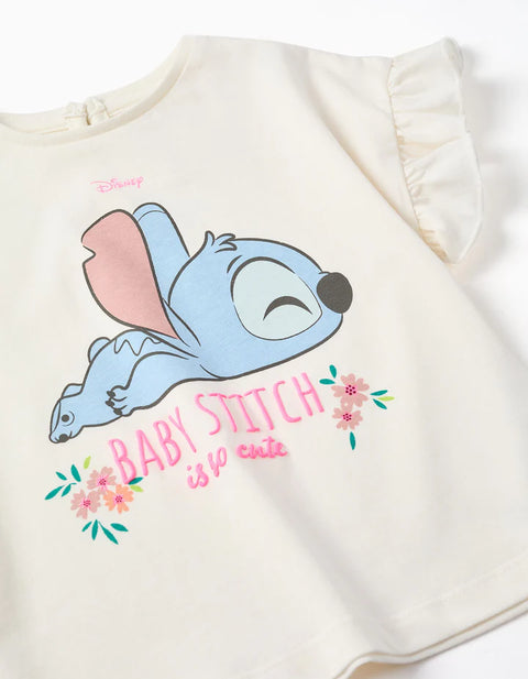 Cotton T-Shirt with Stitch Print and Ruffles for Baby Girls, Light Beige