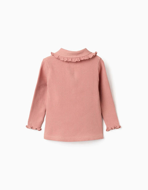 Long Sleeve Ribbed T-Shirt with Ruffle Collar for Baby Girls, Pink