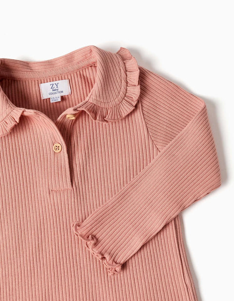 Long Sleeve Ribbed T-Shirt with Ruffle Collar for Baby Girls, Pink
