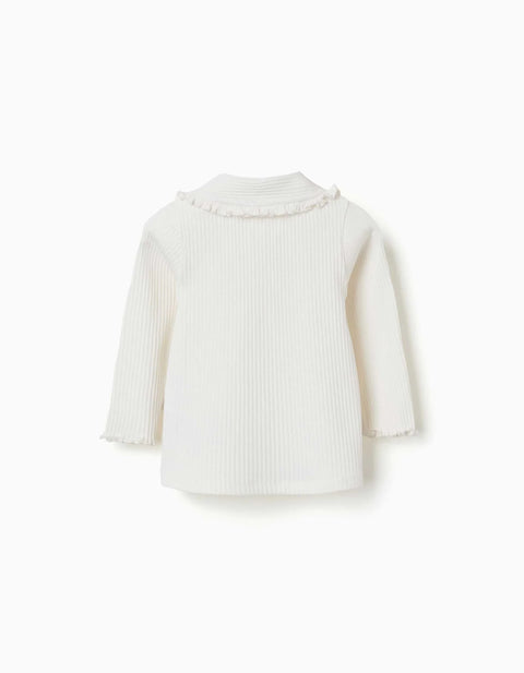 Long Sleeve Ribbed T-Shirt with Ruffle Collar for Baby Girls, White