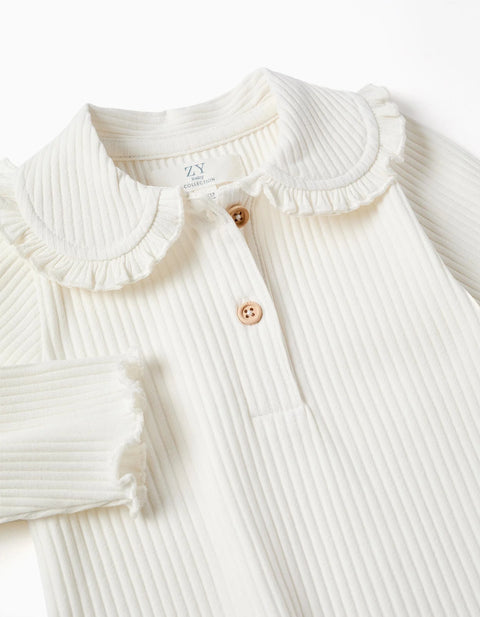 Long Sleeve Ribbed T-Shirt with Ruffle Collar for Baby Girls, White