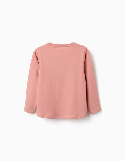 Long Sleeve Cotton T-Shirt with Art and Nature Print for Girls, Pink