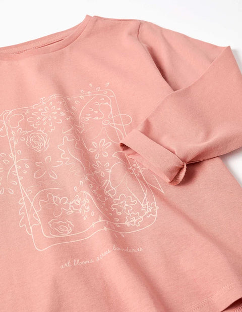 Long Sleeve Cotton T-Shirt with Art and Nature Print for Girls, Pink