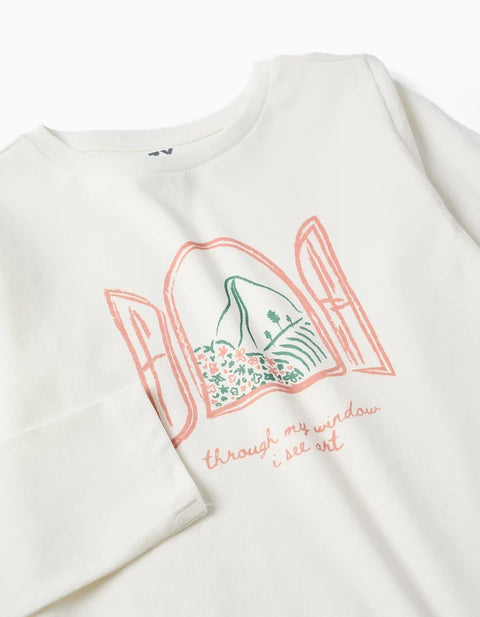 Long Sleeve Cotton T-Shirt with Art and Nature Print for Girls, White