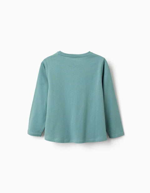 Long Sleeve Cotton T-Shirt with Art and Nature Print for Girls, Blue-Green