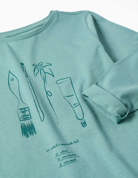 Long Sleeve Cotton T-Shirt with Art and Nature Print for Girls, Blue-Green
