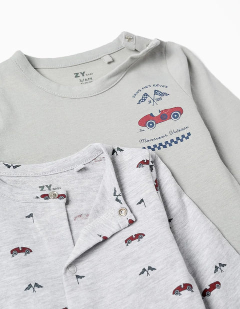2 Cotton Babygrows with Car Prints for Newborn and Baby Boys, Green/Grey