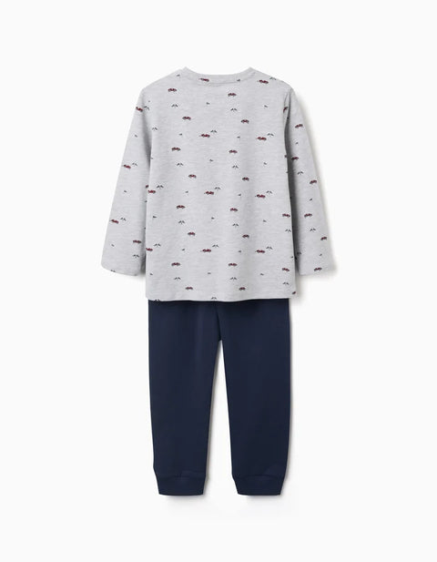 Long Sleeve Pyjamas with Racing Car Motif for Boys, Grey/Dark Blue