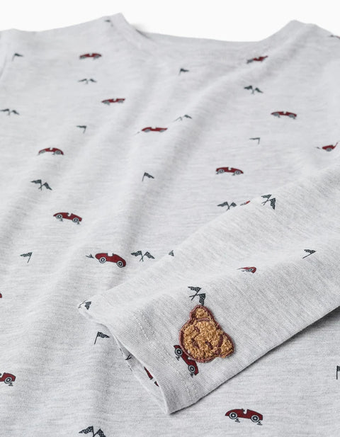 Long Sleeve Pyjamas with Racing Car Motif for Boys, Grey/Dark Blue
