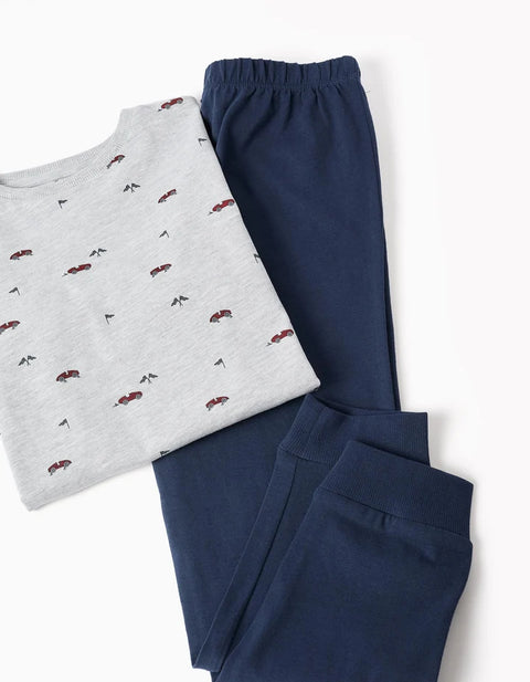 Long Sleeve Pyjamas with Racing Car Motif for Boys, Grey/Dark Blue
