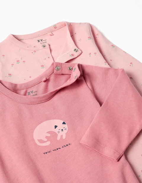 Pack of 2 Cotton Babygrows with Prints for Newborn and Baby Girls, Pink