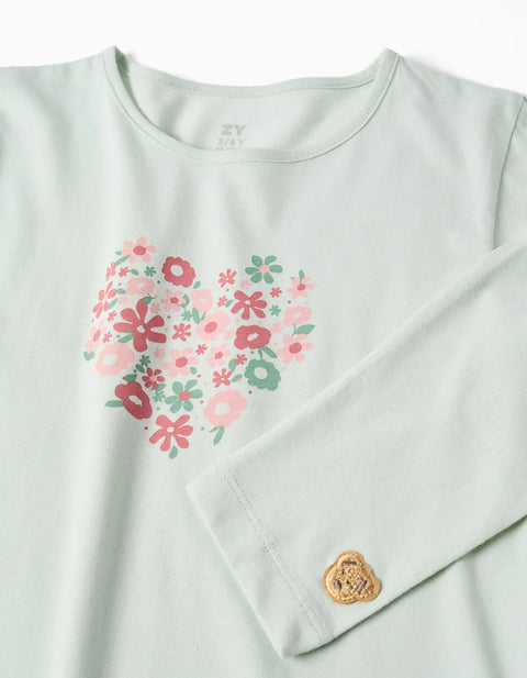 Long Sleeve Pyjamas with Flower Print for Girls, Light Green/Pink