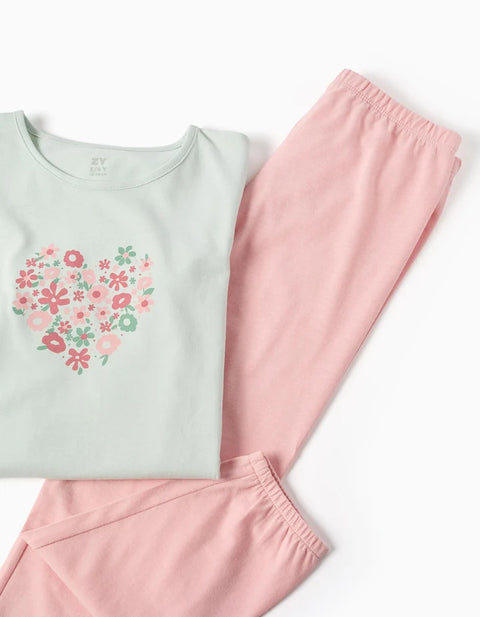 Long Sleeve Pyjamas with Flower Print for Girls, Light Green/Pink