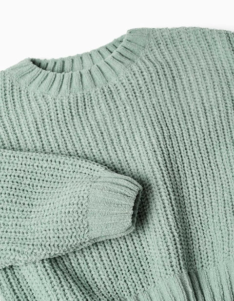 Chenille Knit Jumper with Dropped Shoulders for Girls, Light Green