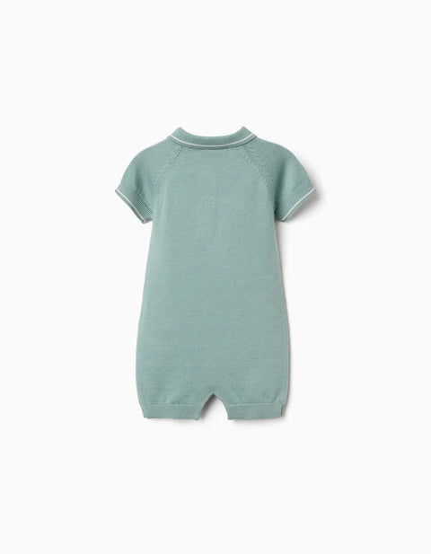 Knitted Cotton Romper with Stripes for Newborn Boys, Light Green/White