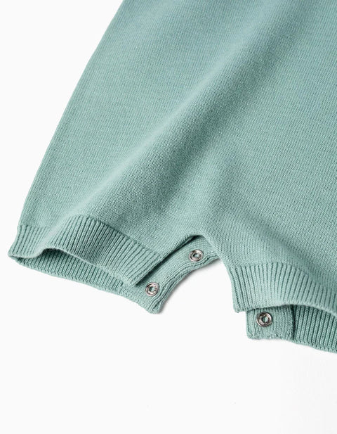 Knitted Cotton Romper with Stripes for Newborn Boys, Light Green/White