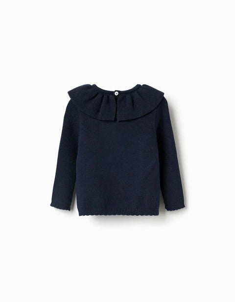 Knitted Jumper with Scalloped Ends for Baby Girls, Navy Blue