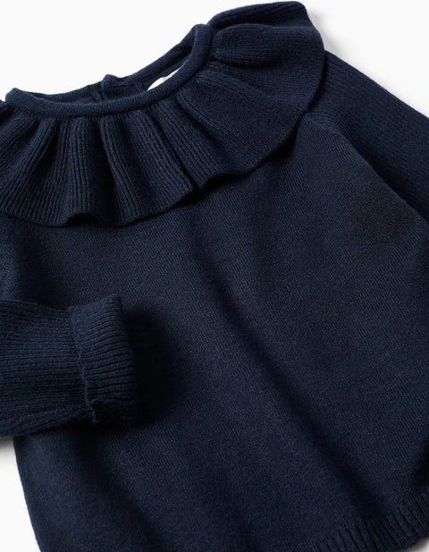 Knitted Jumper with Scalloped Ends for Baby Girls, Navy Blue