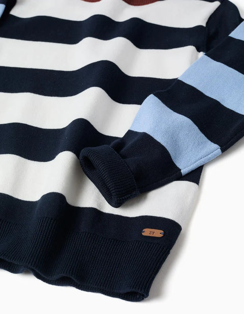 Striped Knitted Jumper for Boys, White/Brown/Blue